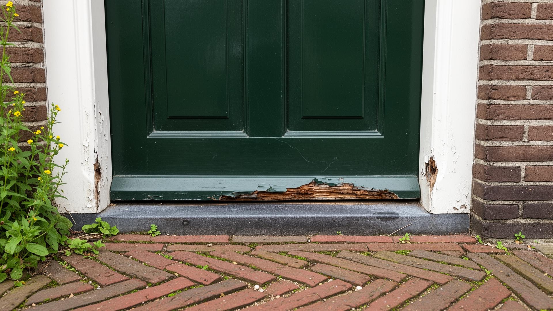 Houten achterdeur in Den Haag met ernstige houtrot aan de onderzijde, afbladderende groene verf en aangetast hout