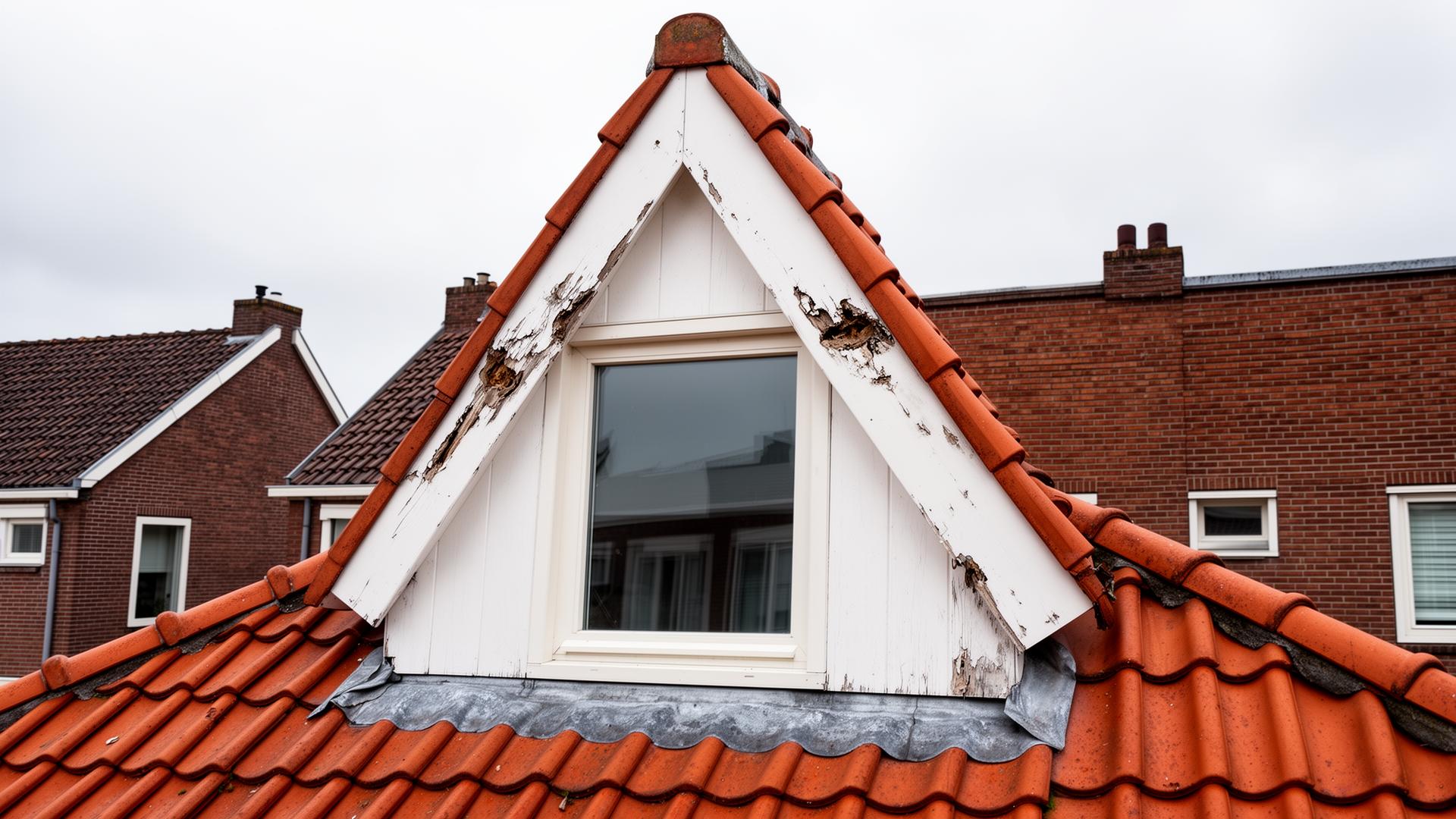 Houten dakkapel in Rotterdam met ernstige houtrot, afbladderende verf en aangetast hout aan de zijpanelen