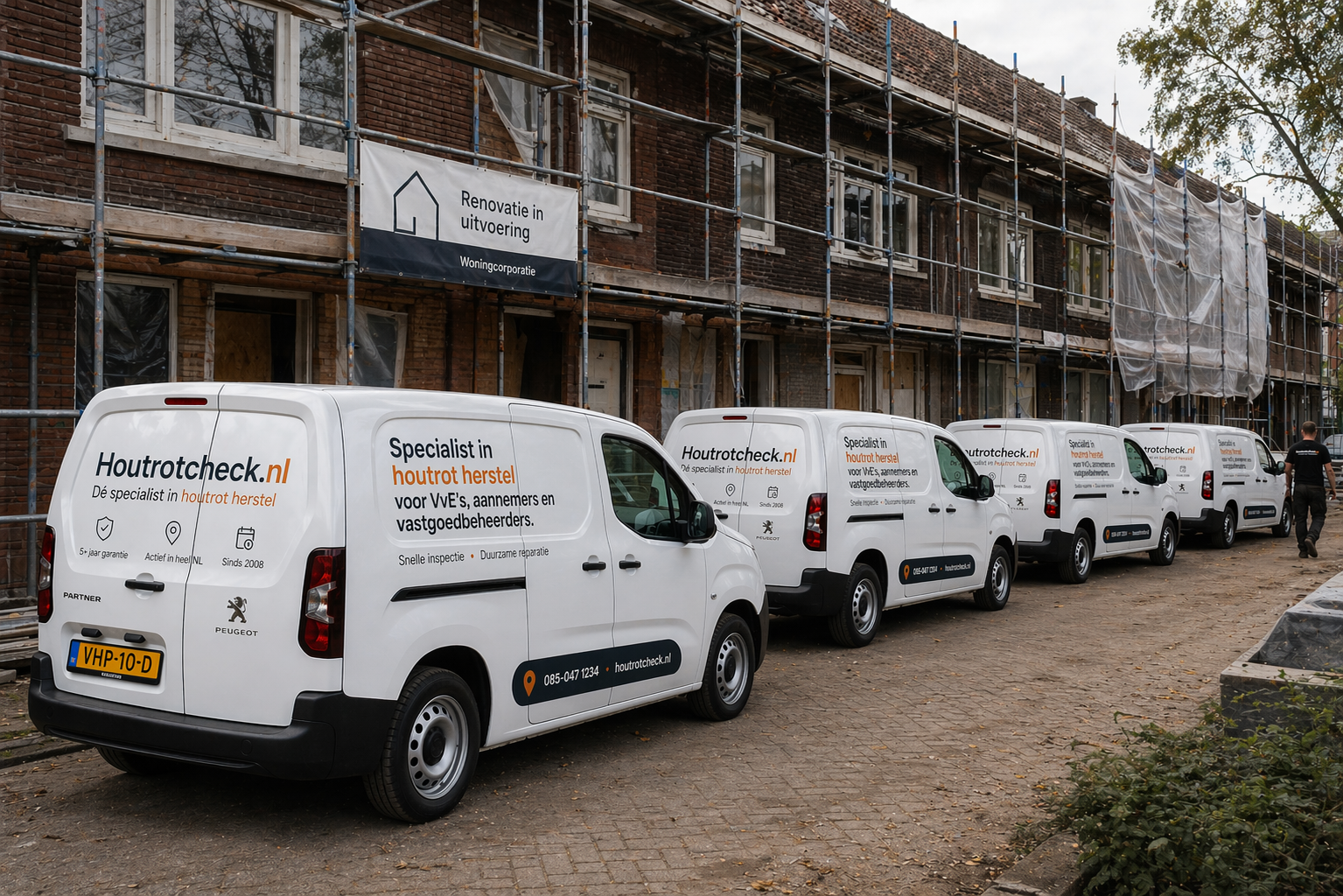 Houtrotcheck.nl bedrijfsbus op een bouwlocatie met steigers